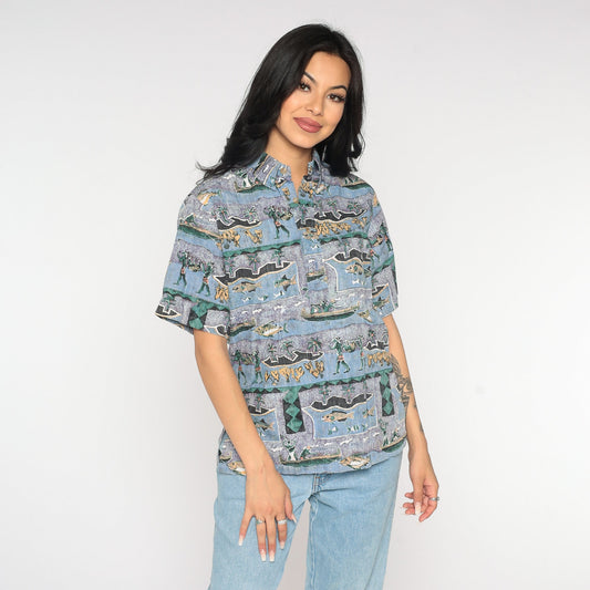 Y2K Tropical Fishing Island Print Button-Up Shirt Purple Blue Cotton Extra Small