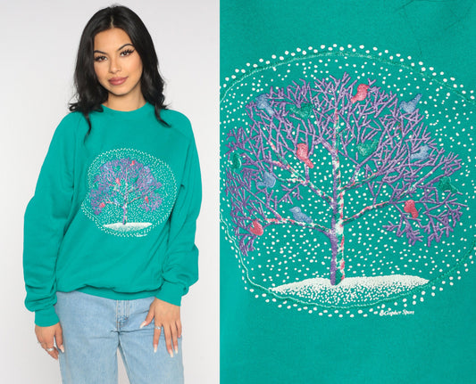 80s Jerzees Bird Tree Raglan Sweatshirt Green Graphic Crewneck Extra Large