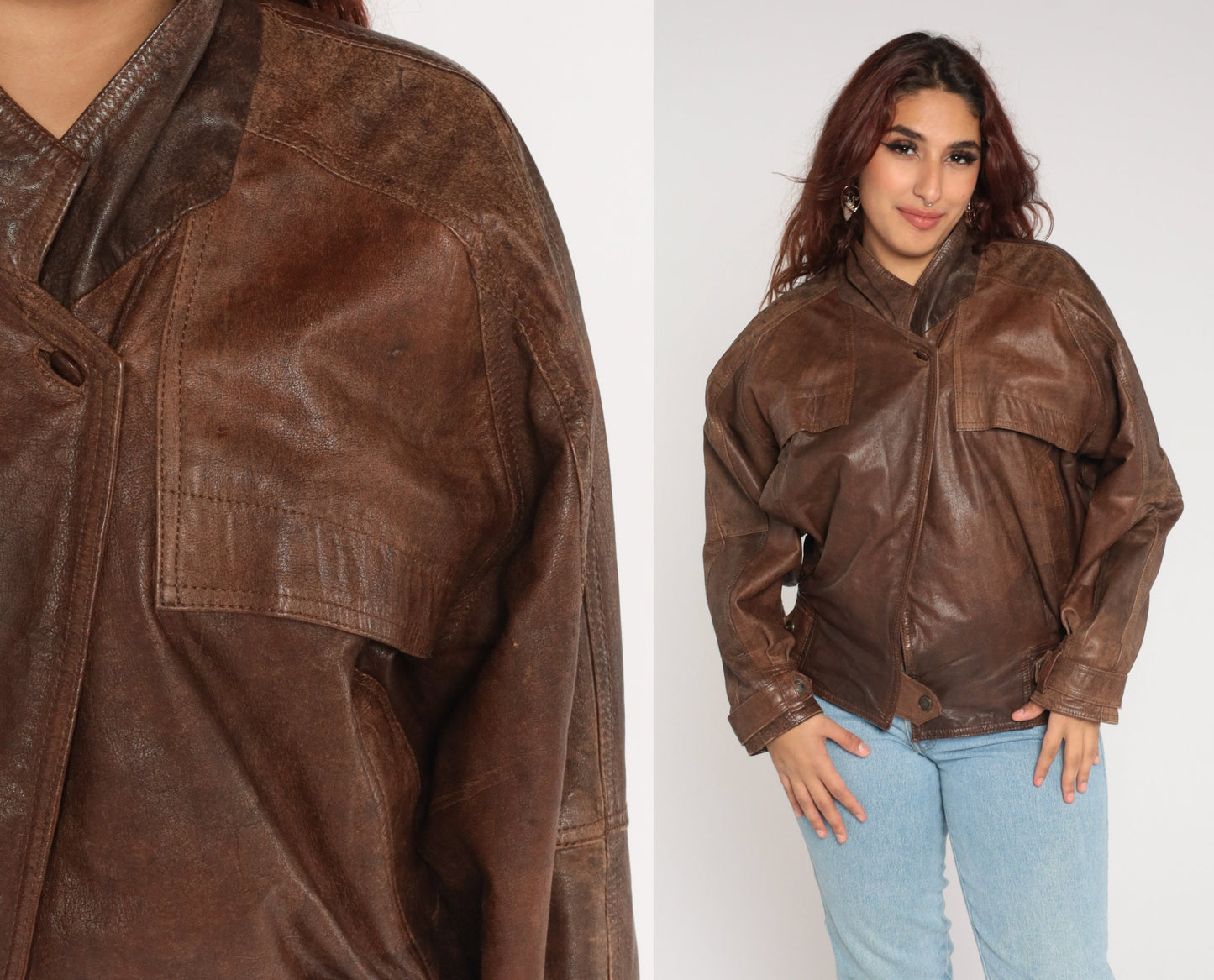 90s Brown Leather Snap Jacket Motorcycle Biker Coat Mens Medium M