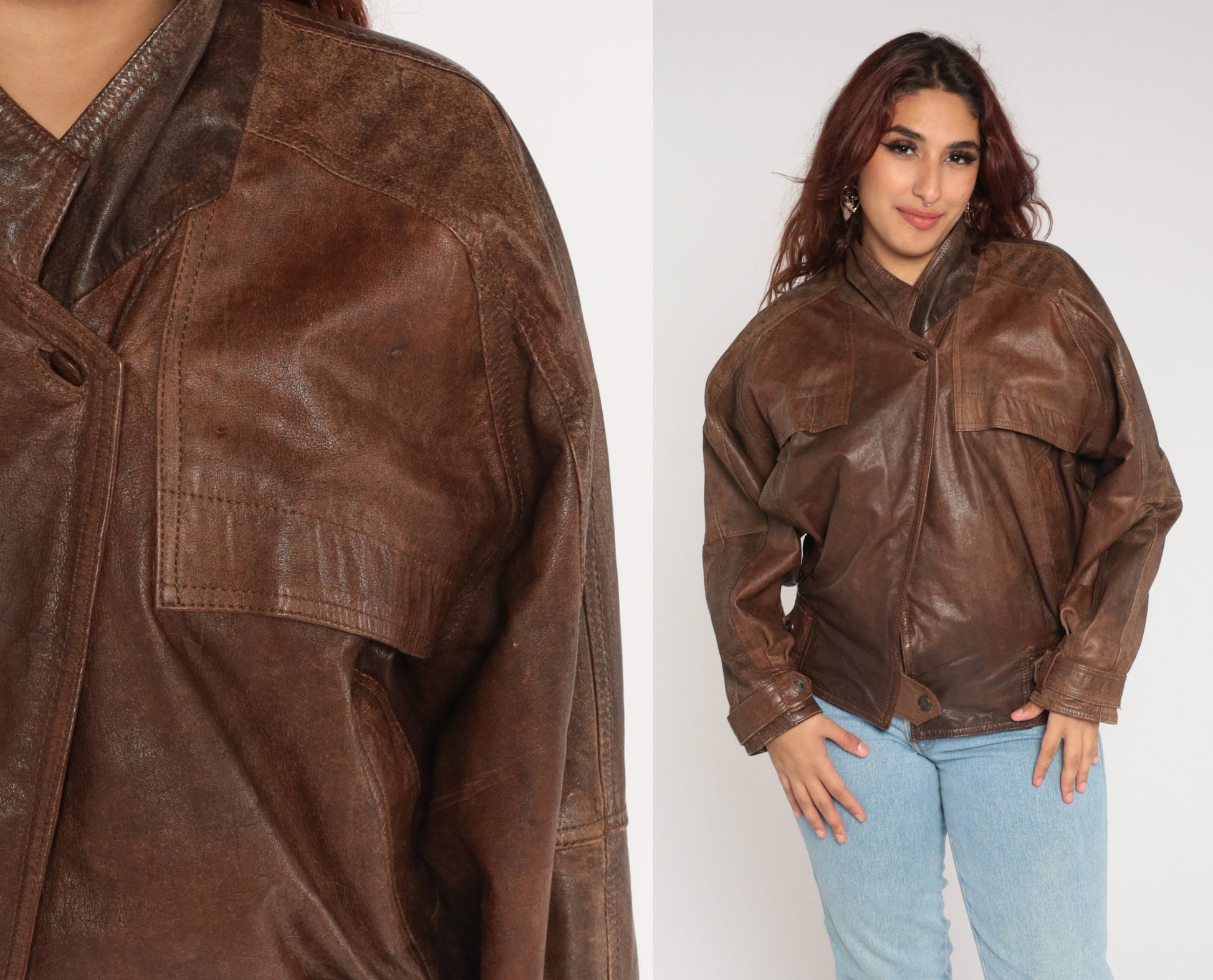 90s Brown Leather Snap Jacket Motorcycle Biker Coat Mens Medium M