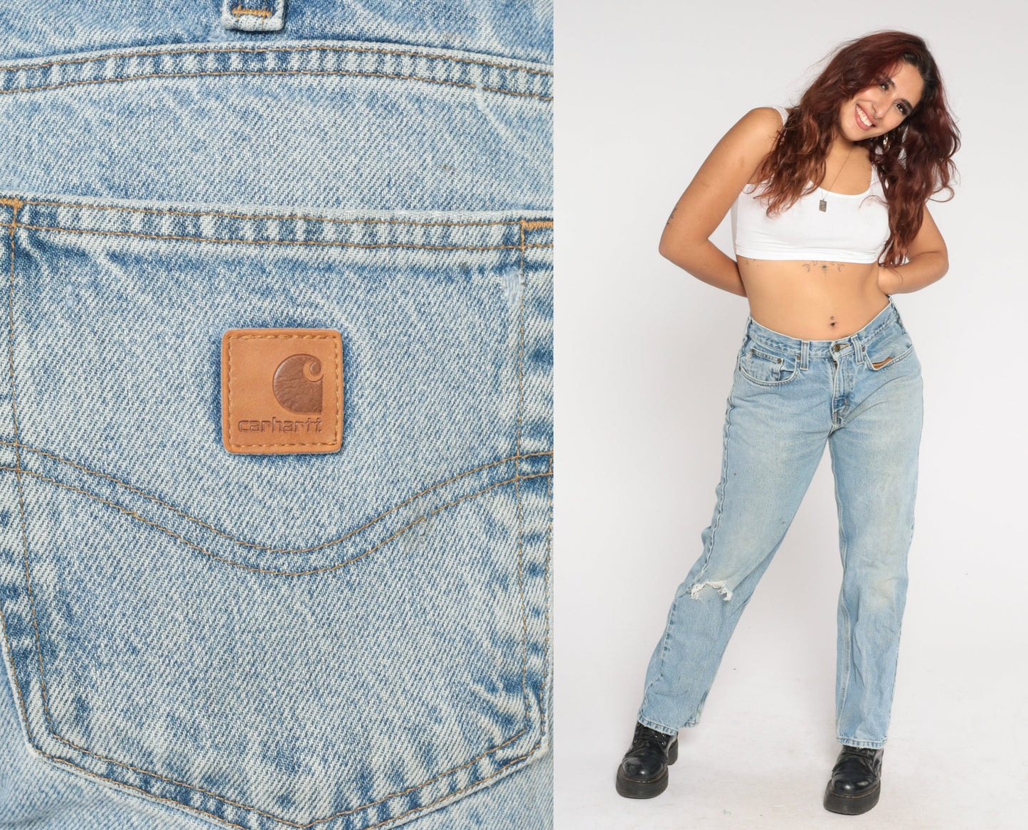 Carhartt Y2K Straight Leg Jeans Light Wash Knee Rip Distressed Denim Large