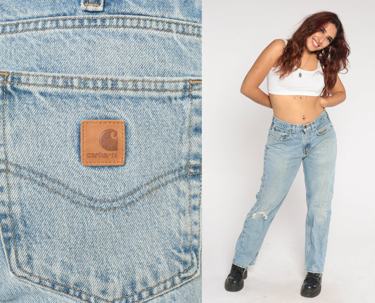 Carhartt Y2K Straight Leg Jeans Light Wash Knee Rip Distressed Denim Large