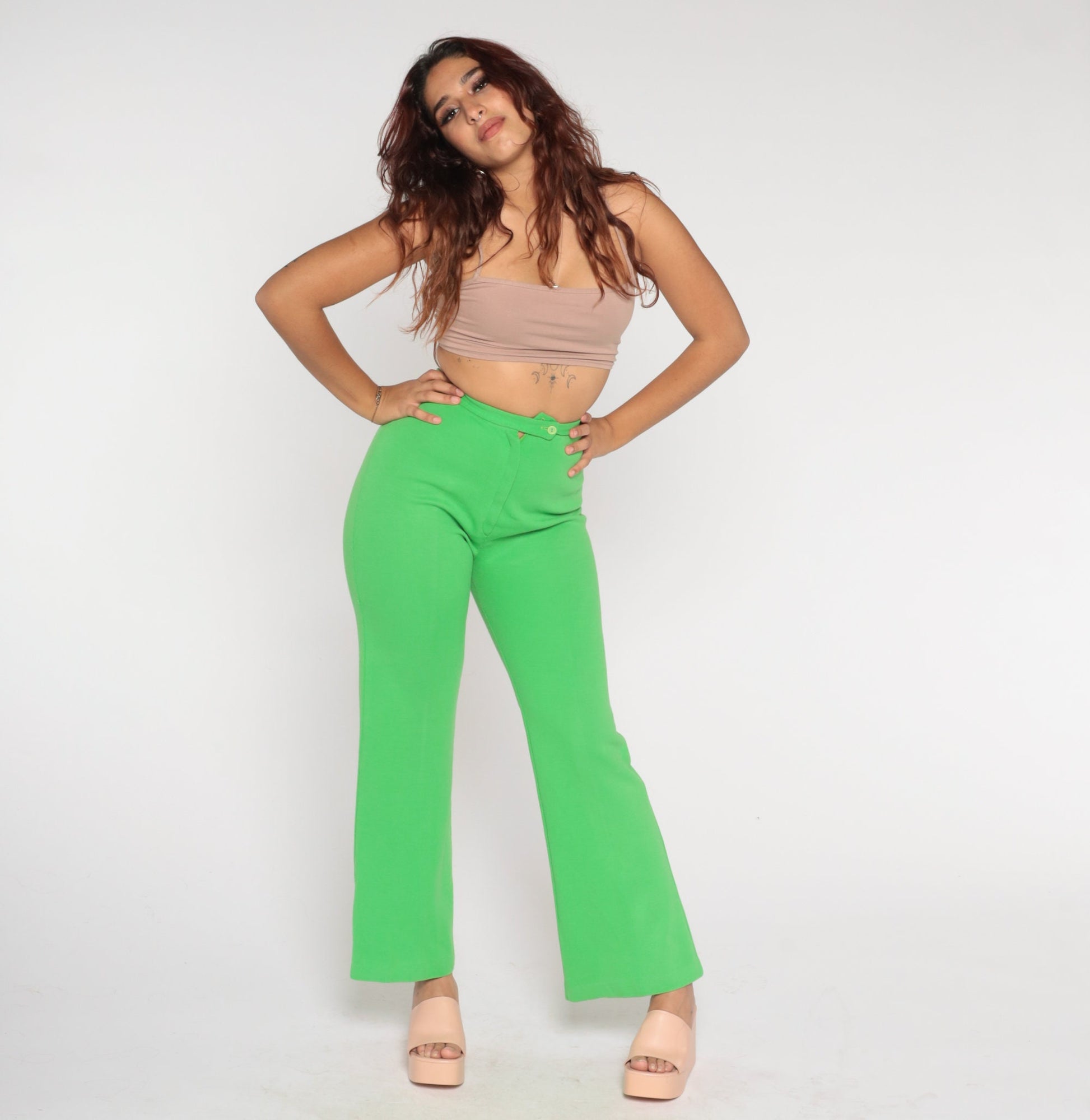 70s Lime Green Bell Bottom Pants High Waist Flared Trousers Small S