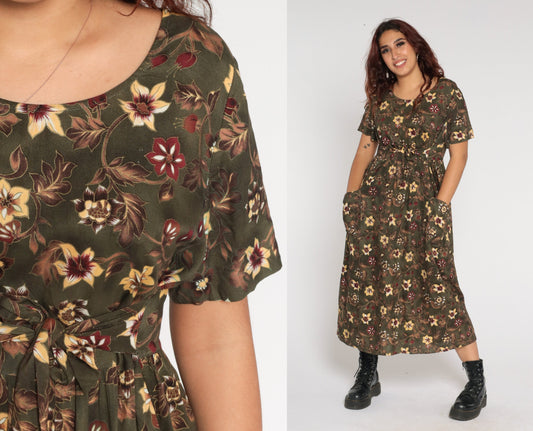 90s Dark Green Floral Midi Dress High Waist Tie Belt Rayon Large L