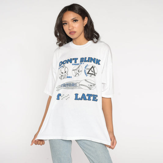 90s Baseball Graphic T-Shirt Don't Blink Too Late White Cotton XXL