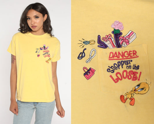 90s Warner Brothers Tweety Bird Embroidered T-Shirt Yellow Graphic Tee Small