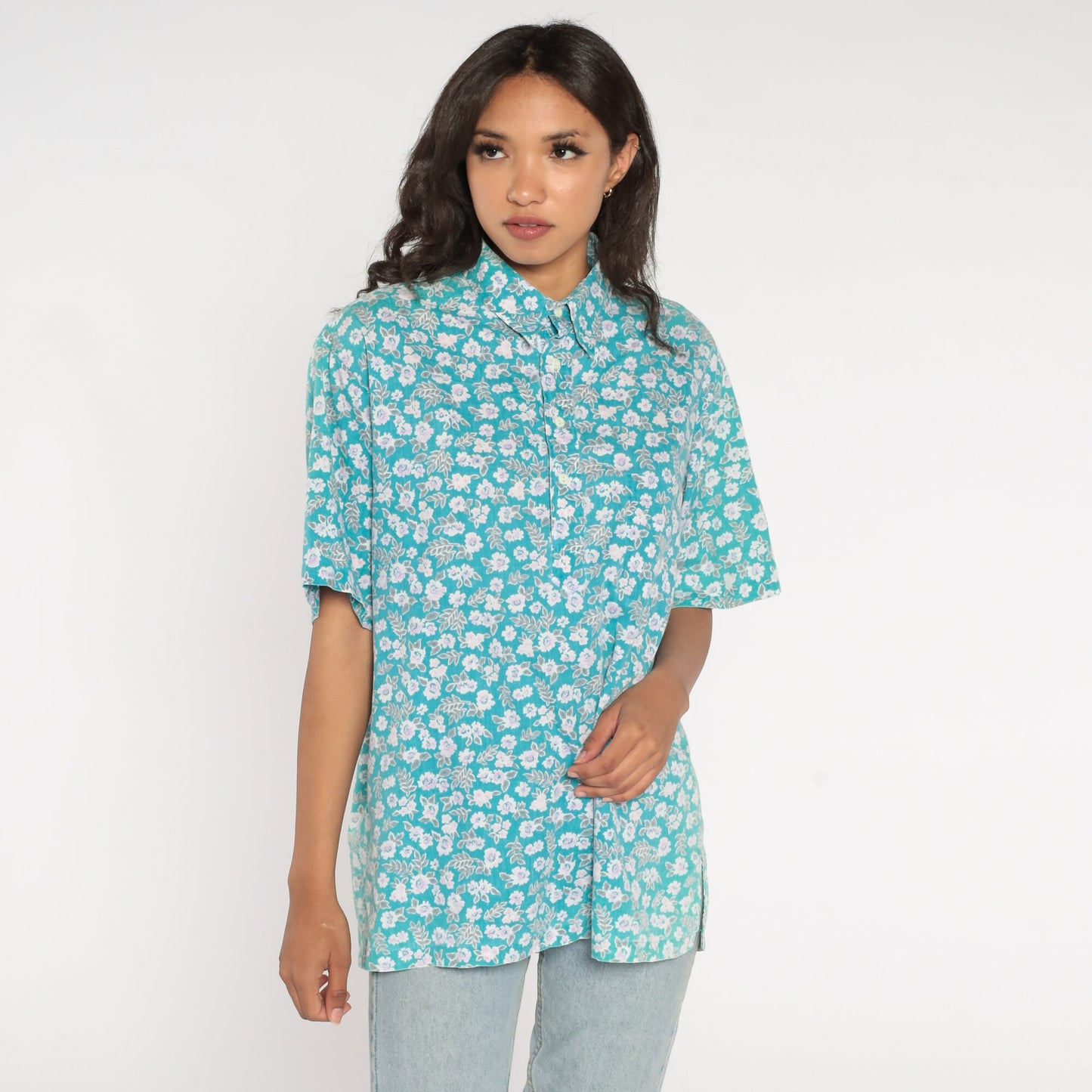 90s Blue Floral Half-Button Shirt Short Sleeve Collared Cotton Blend Large