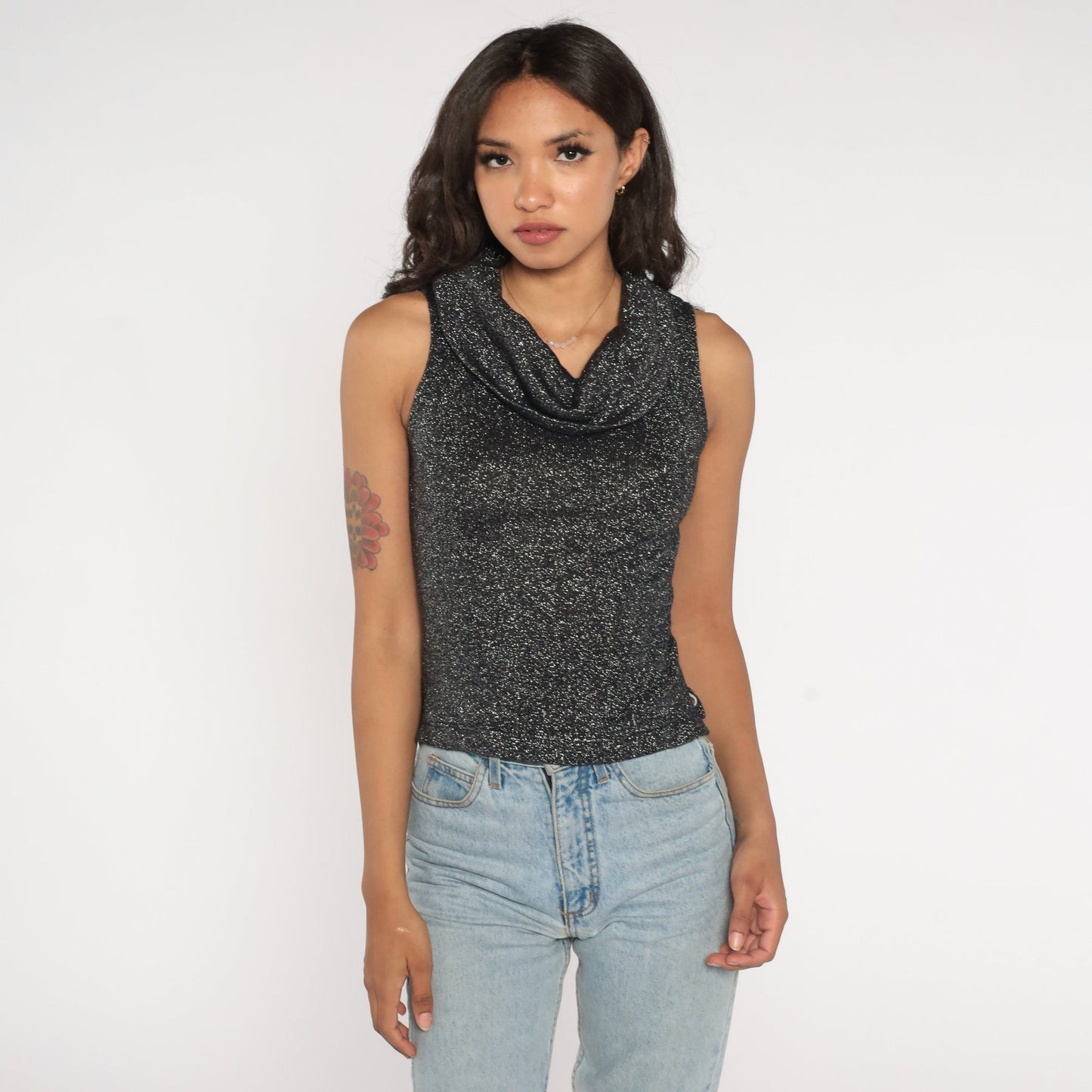 90s Metallic Black Cowl Neck Tank Top Sleeveless Blouse Small S