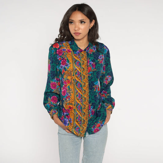 90s Baroque Floral Green Button-Up Blouse Long Sleeve Medium M