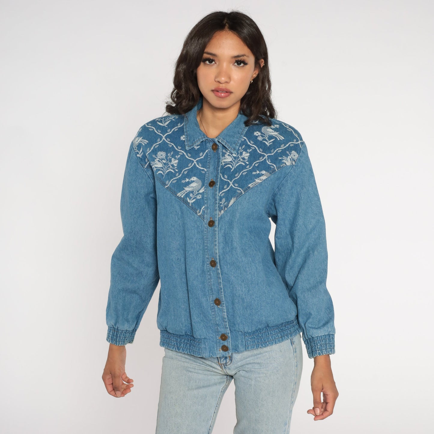 90s Floral Bird Tapestry Denim Jacket Cotton Button-Up Medium