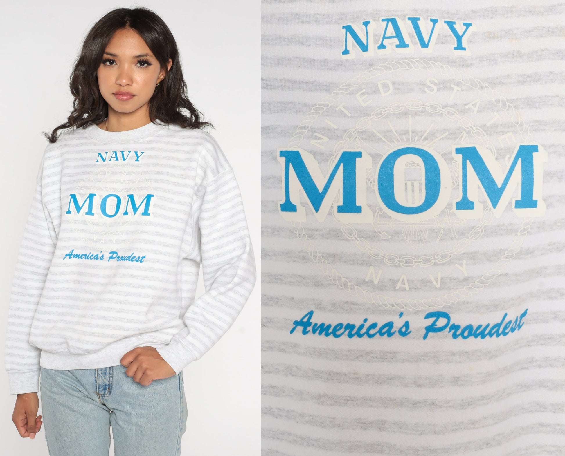 90s Navy Mom America's Proudest Striped Sweatshirt Grey White Crewneck Large