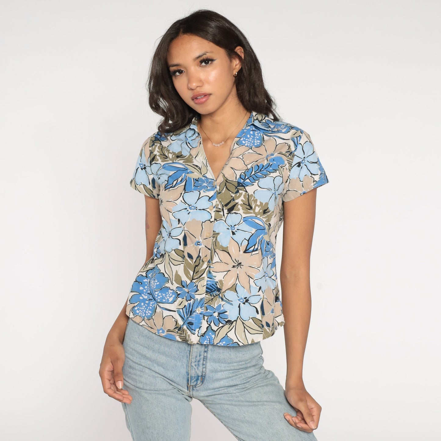 Y2K Floral Button-Up Blouse Blue Tan Flower Print Collar Short Sleeve Petite Small