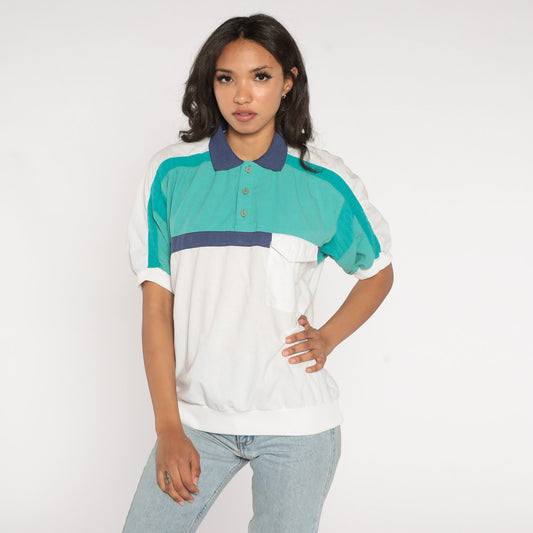 90s Striped Polo Shirt Collared Color Block Short Sleeve White Blue Green Men's Small