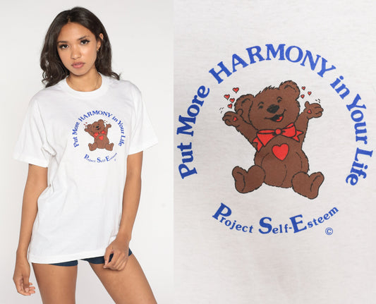90s Project Self Esteem Teddy Bear Graphic T-Shirt White Single Stitch Medium
