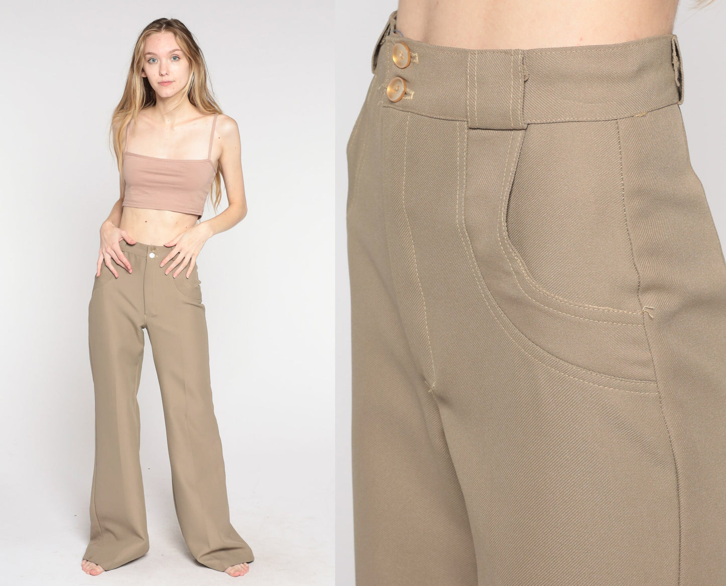 70s Taupe Bell Bottom Pants High Waist Flared Trousers Extra Small