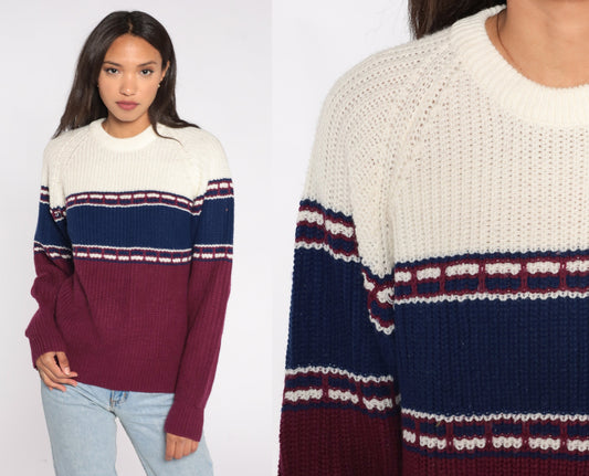 80s St. Johns Bay Colour Block Striped Raglan Sweater Purple Blue White Medium