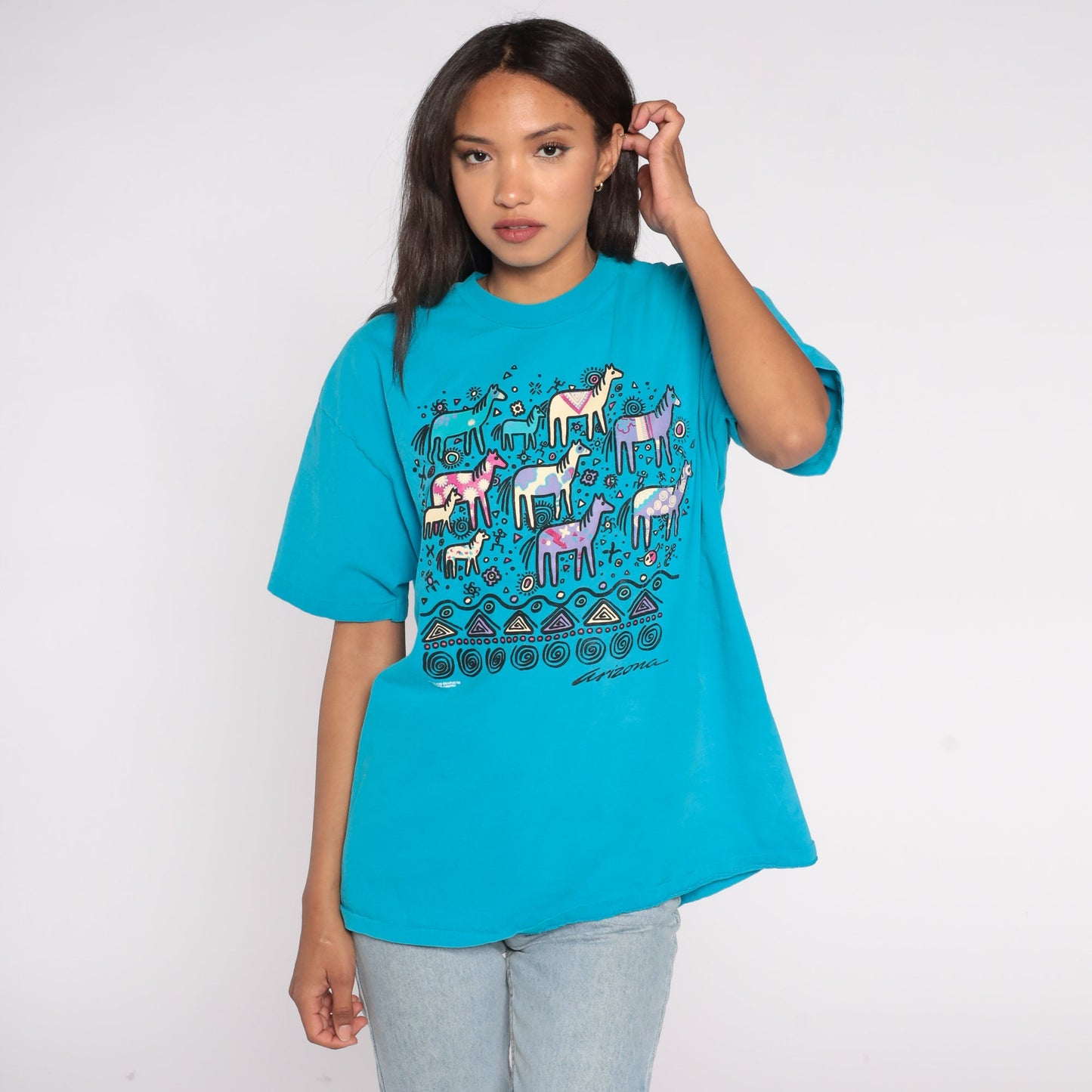 90s Arizona Wild Horse Graphic T-Shirt Blue Southwestern Petroglyph Extra Large