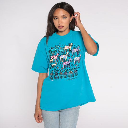 90s Arizona Wild Horse Graphic T-Shirt Blue Southwestern Petroglyph Extra Large