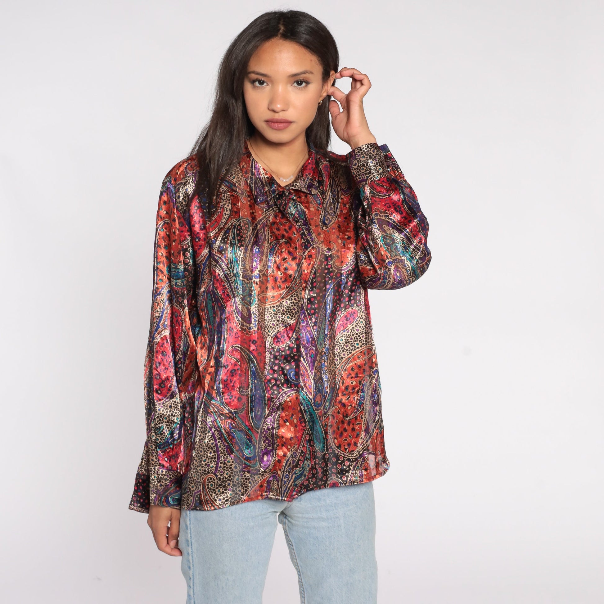 80s Paisley Button-Up Blouse Metallic Stripes Long Sleeve Shirt Size 14