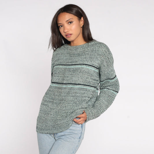 80s Flecked Striped Knit Sweater Navy Aqua Pullover Large L