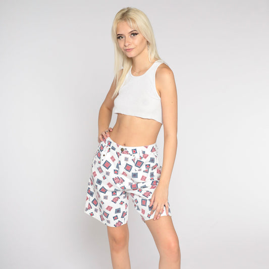 90s Patchwork Heart Shorts White Cotton High Waisted Wide Leg Medium