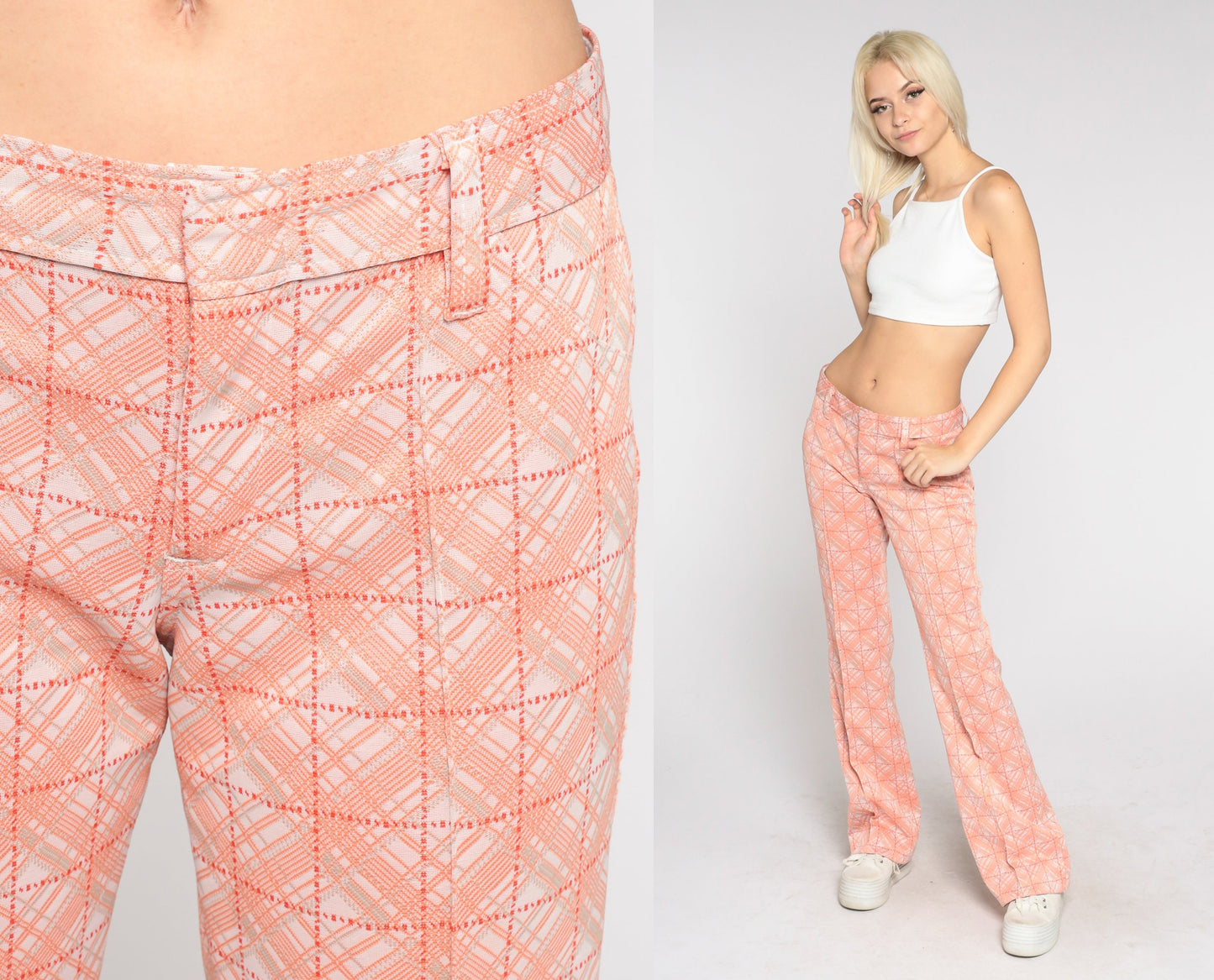 70s H Bar C Ranchwear Bell Bottom Pants Orange Checkered Flared Medium Tall