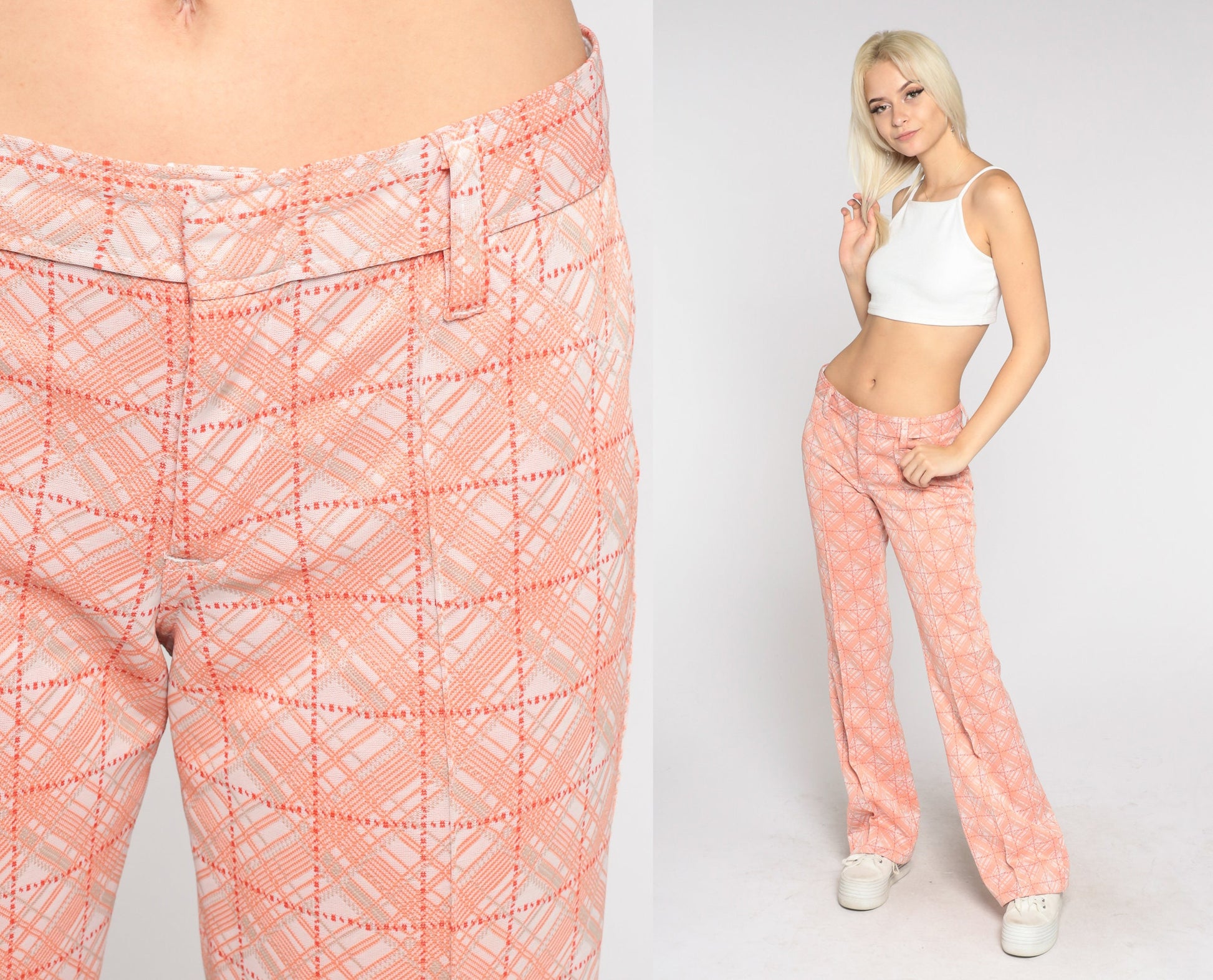 70s H Bar C Ranchwear Bell Bottom Pants Orange Checkered Flared Medium Tall
