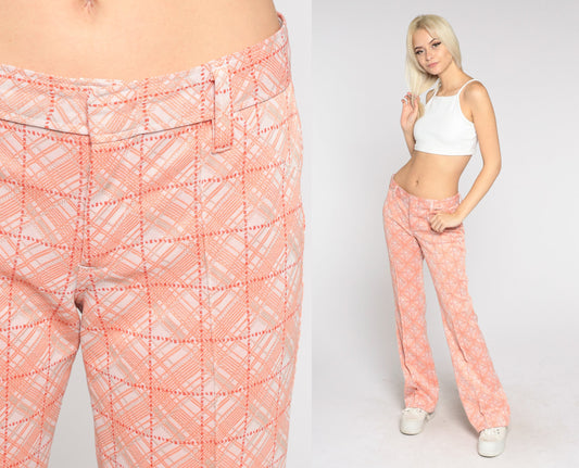 70s H Bar C Ranchwear Bell Bottom Pants Orange Checkered Flared Medium Tall