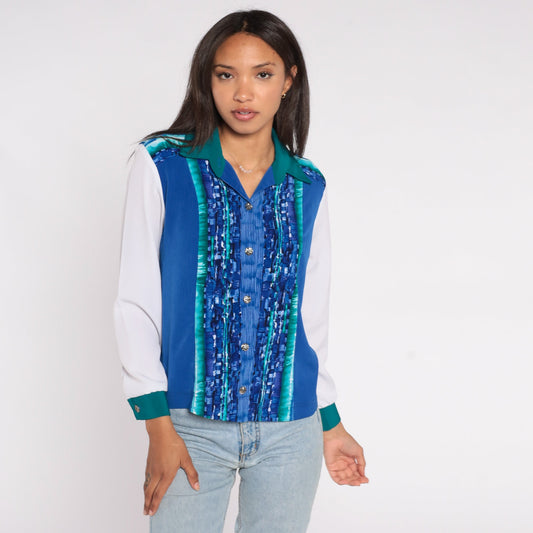 90s Blue & White Striped Button-Up Shirt Long Sleeve Collar Small