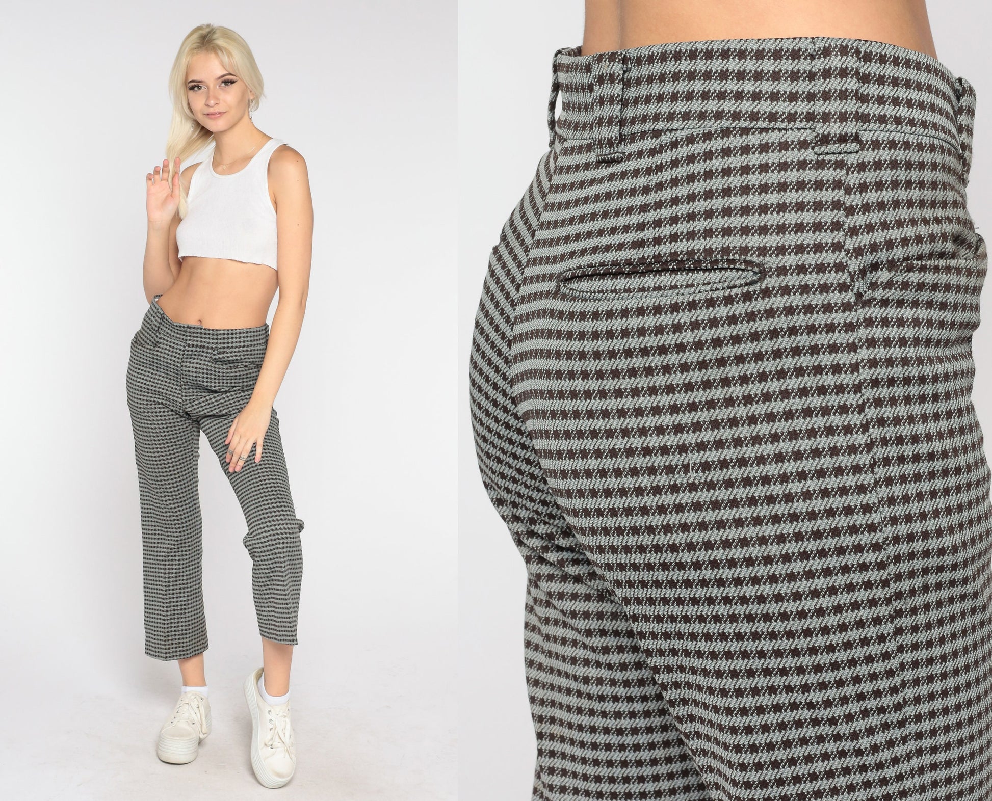 70s Levi's Houndstooth Trousers High Waist Straight Leg Brown Grey Medium