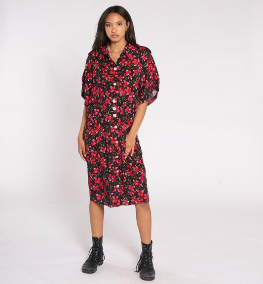 80s Floral Shirtdress Black Red Epaulette Midi Pleated Rayon Large L