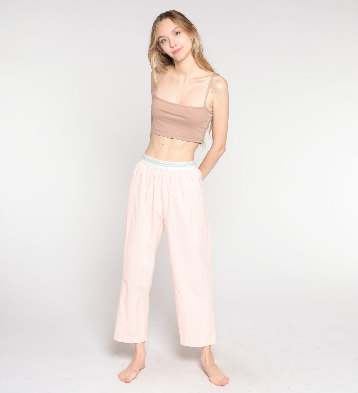 80s Baby Pink Striped Elastic Waist Tapered Trousers Small