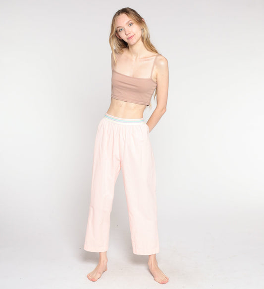 80s Baby Pink Striped Elastic Waist Tapered Trousers Small