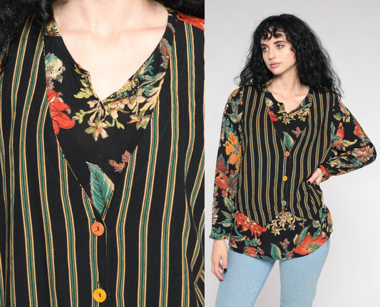 90s Carol Little Floral Blouse Black Striped Attached Vest Button Up Large