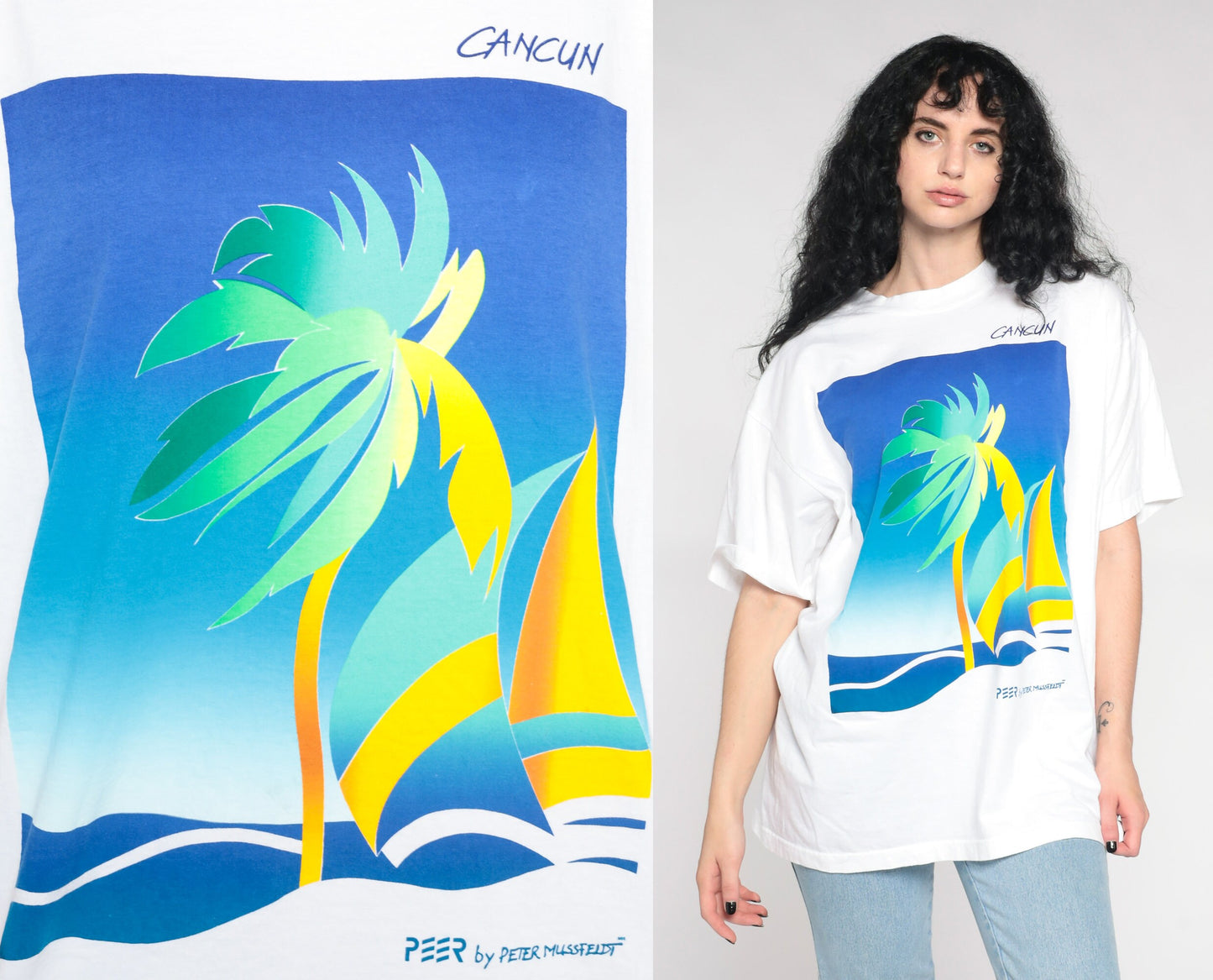 00s Peter Mussfeldt Cancun Sailboat Palm Tree Graphic T-Shirt White Extra Large