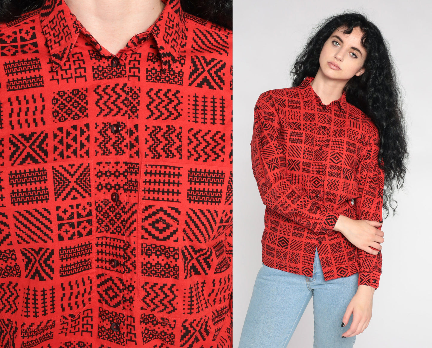 80s Liz Claiborne Geometric Button Up Shirt Red Southwestern Zig Zag Small