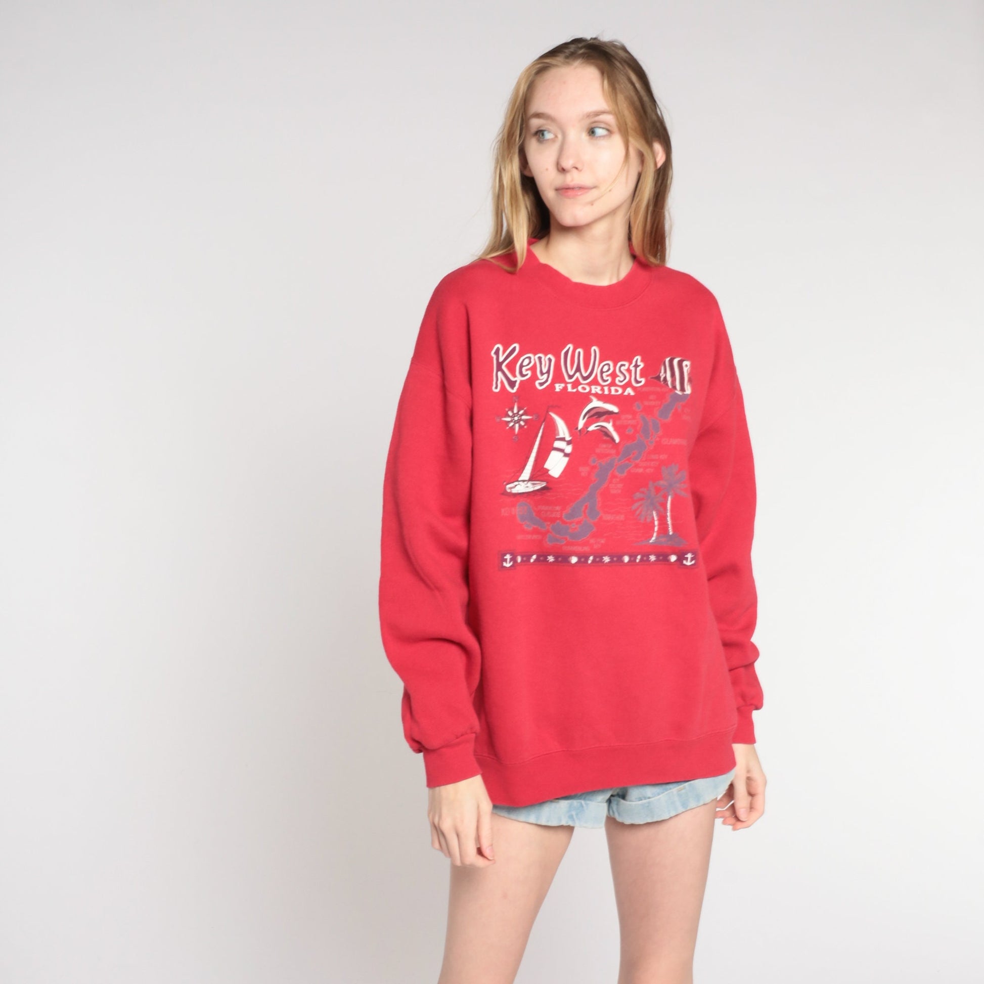 90s Lee Key West Florida Sweatshirt Red Graphic Crewneck Pullover Large L