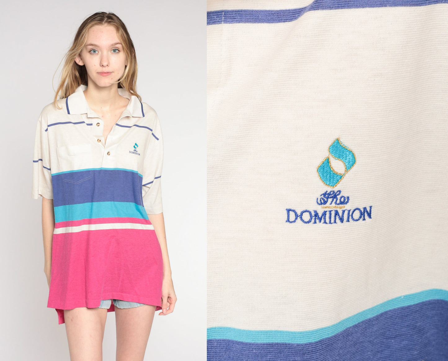 90s Izod Club Polo Shirt The Dominion Striped Color Block White Pink Blue Large