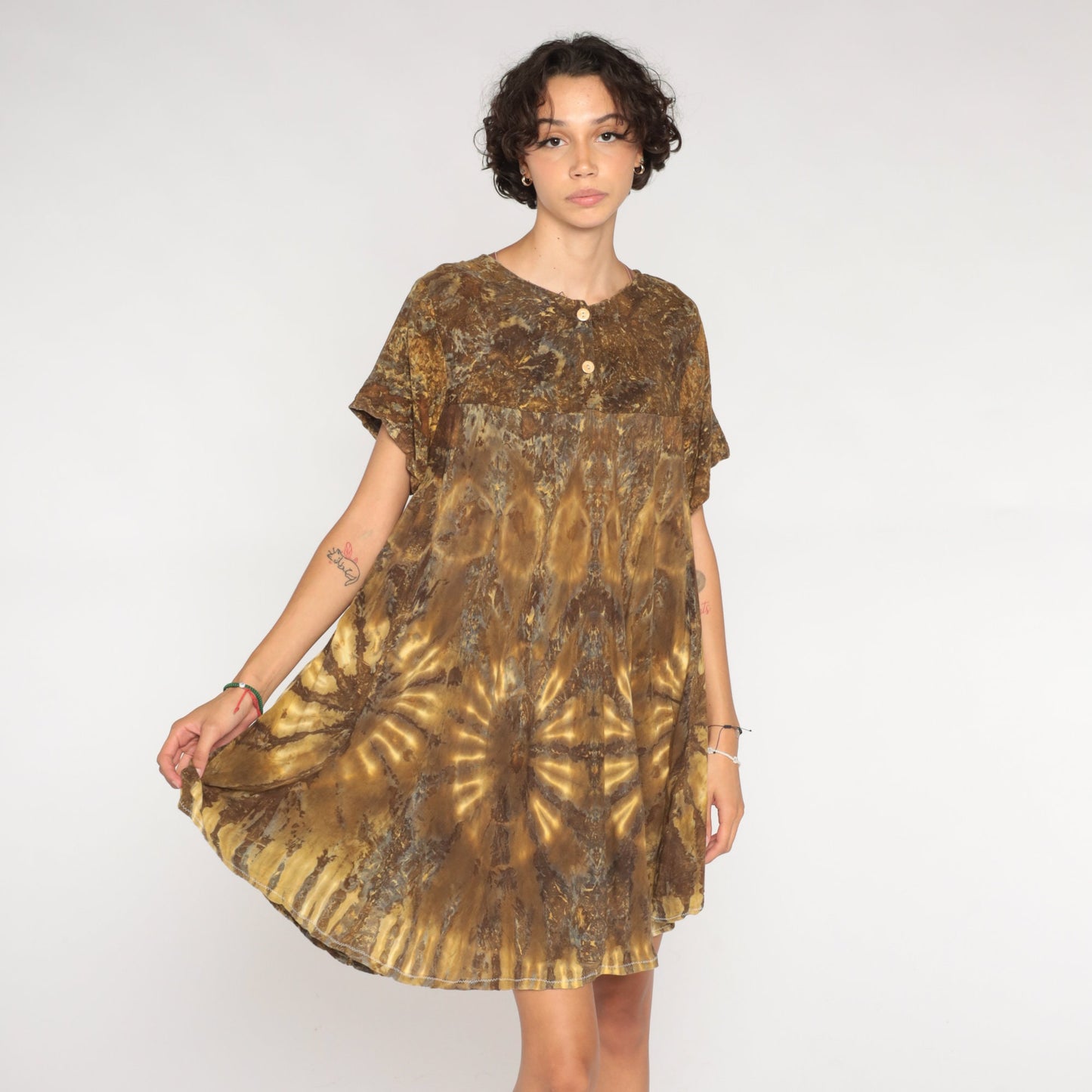 90s Tie Dye Mini Dress Brown Tent Cut Empire Waist Rayon Large