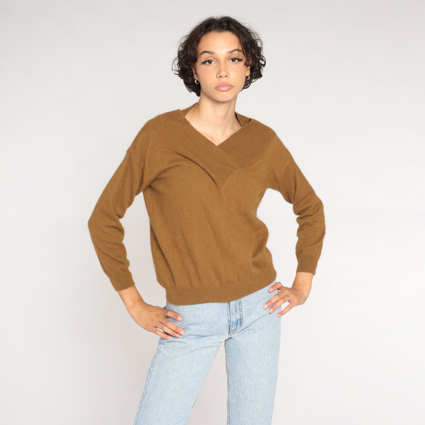 00s Brown Wool Sweater V-Neck Shawl Collar Pullover Small S