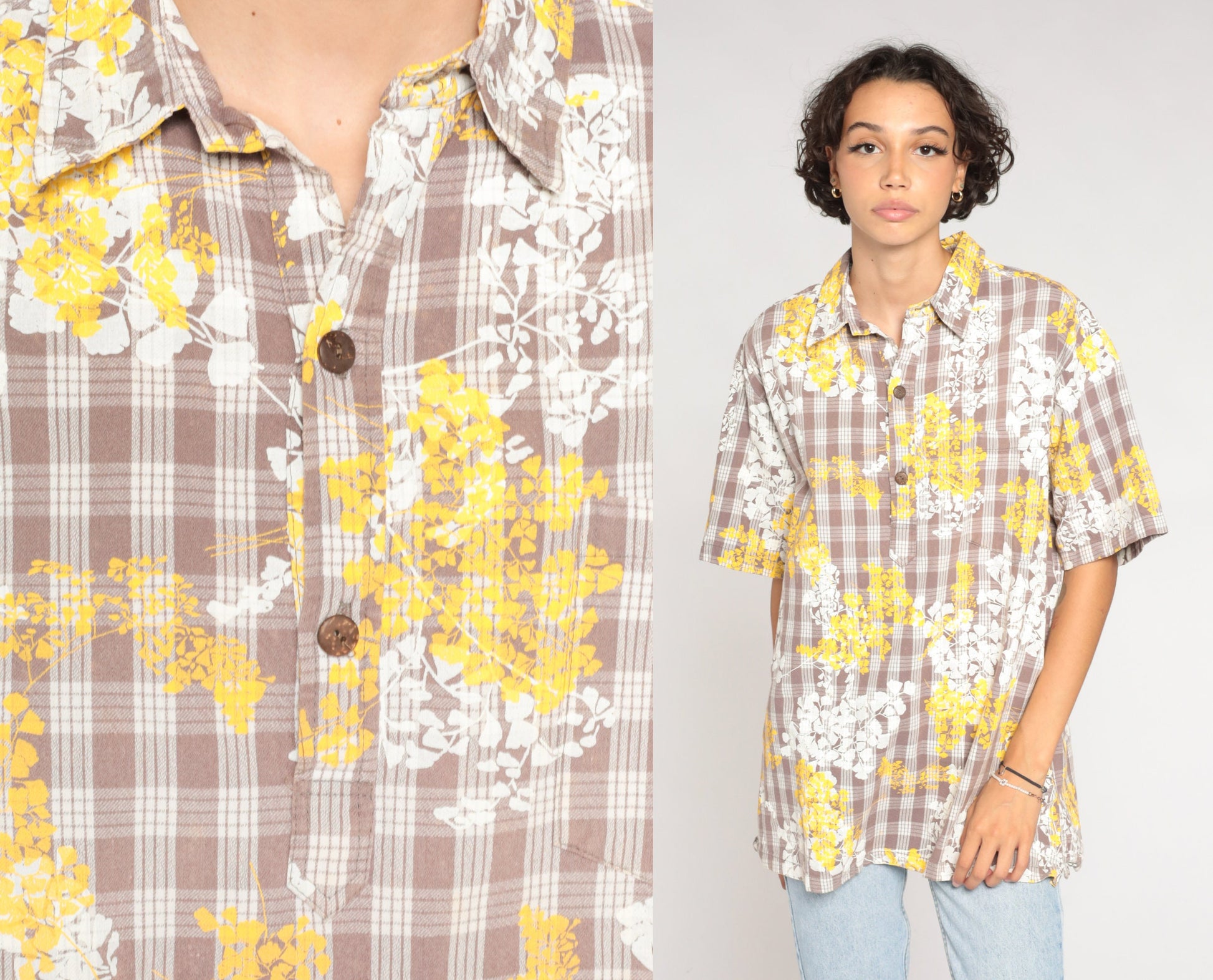 80s Checkered Floral Short Sleeve Button-Up Shirt White Brown Yellow Extra Large XL