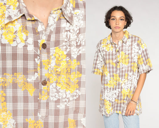 80s Checkered Floral Short Sleeve Button-Up Shirt White Brown Yellow Extra Large XL