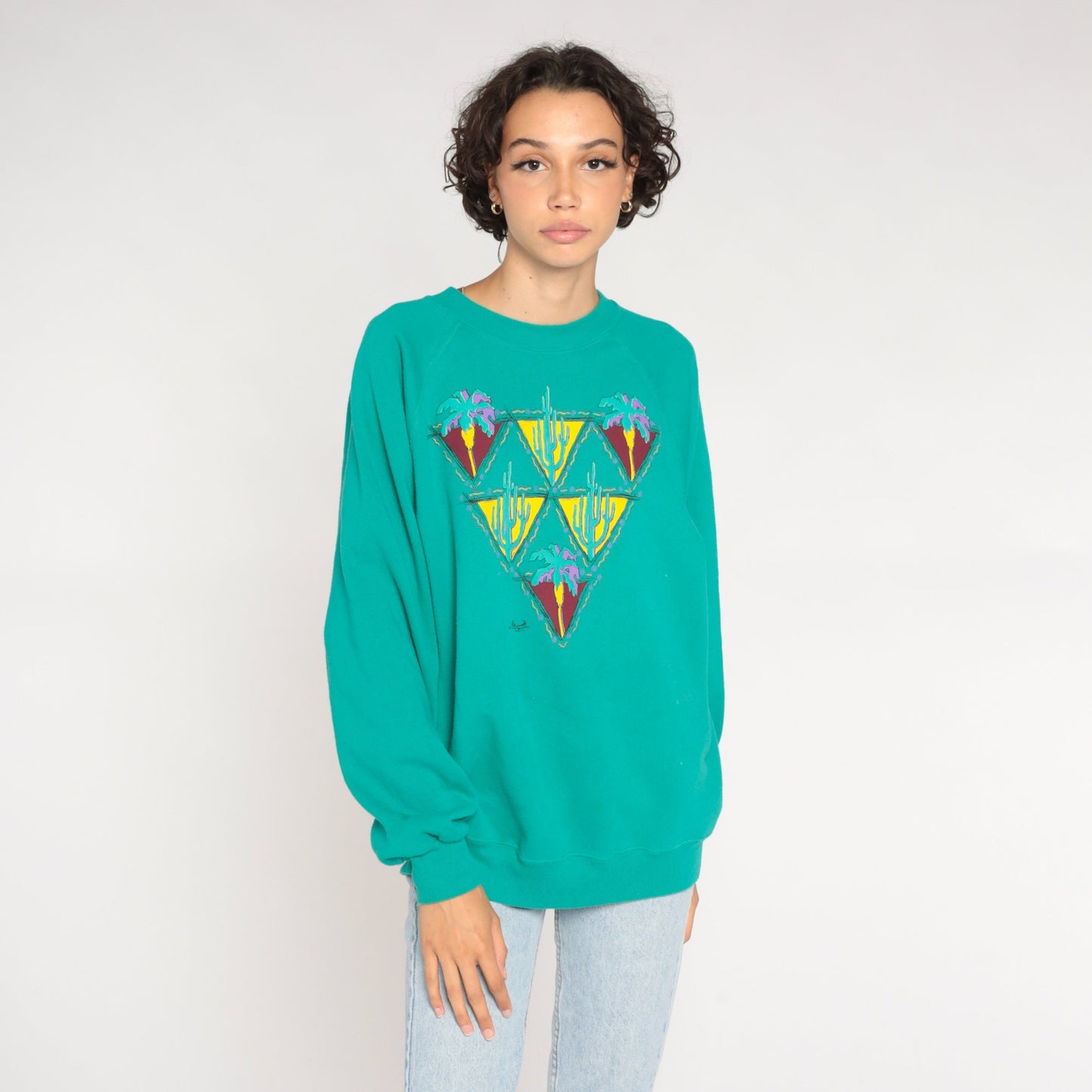 90s Desert Cactus Palm Tree Sweatshirt Green Raglan Graphic Large