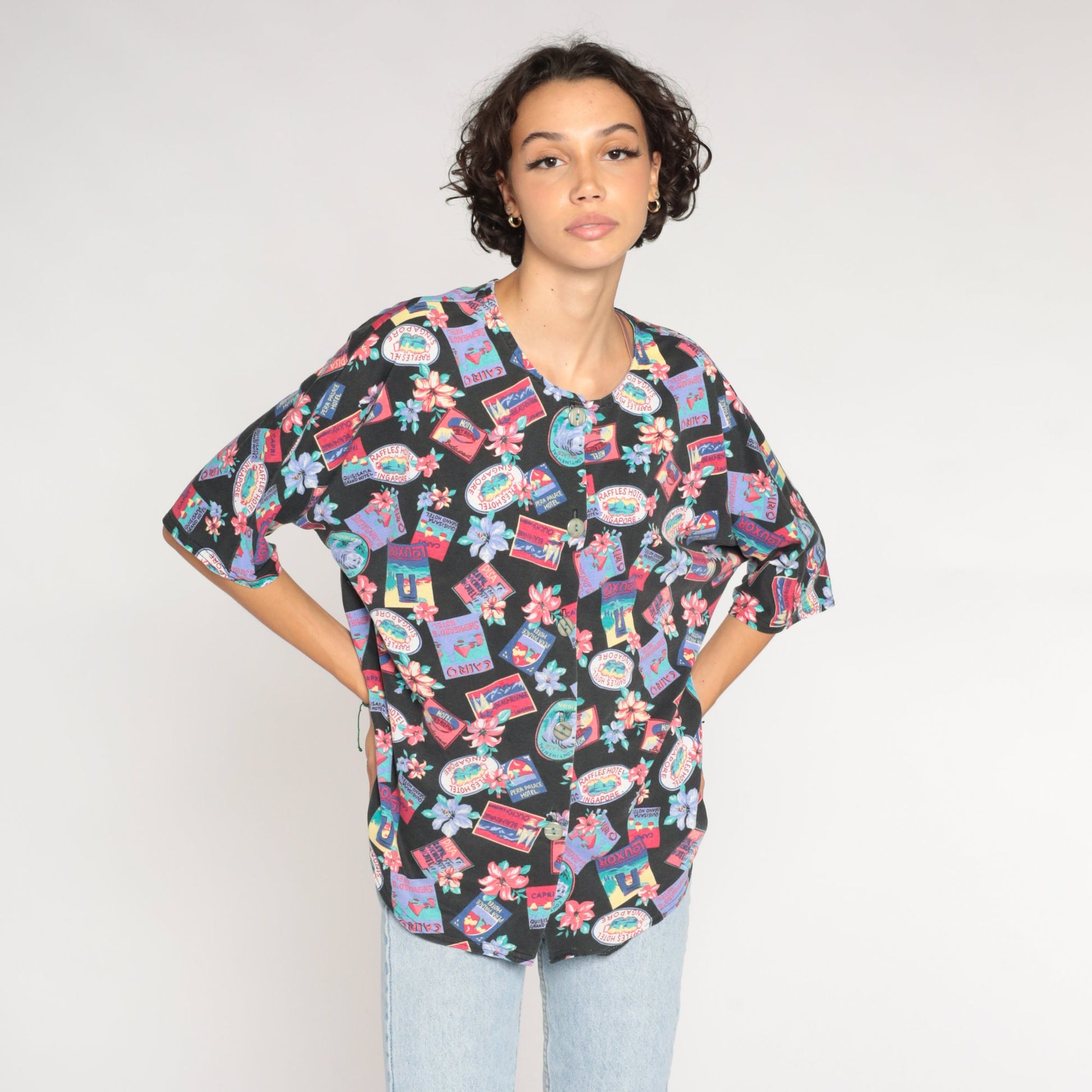 90s Tropical Travel Print Button-Up Shirt Black Graphic Blouse Extra Large