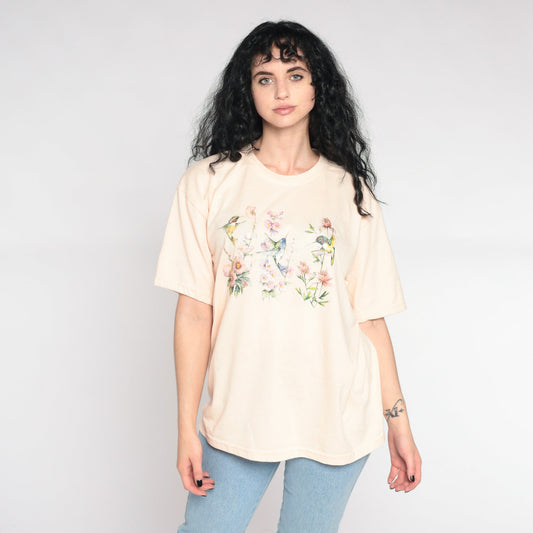 90s Hummingbird Glitter Graphic T-Shirt Floral Beige Extra Large XL