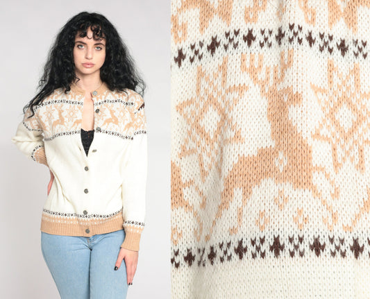 70s White Reindeer Fair Isle Cardigan Sweater Nordic Snowflake Button-Up Medium