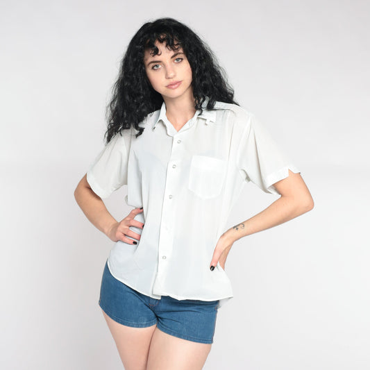 90s Mint Green Pinstripe Button-Up Shirt Semi-Sheer Short Sleeve Large