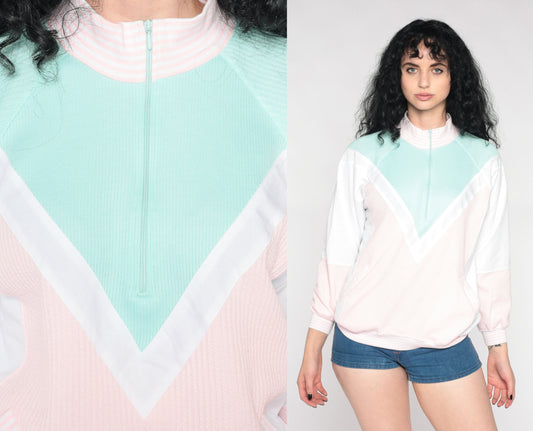 80s Colour Block Quarter Zip Sweatshirt Mock Neck Pink Mint Medium