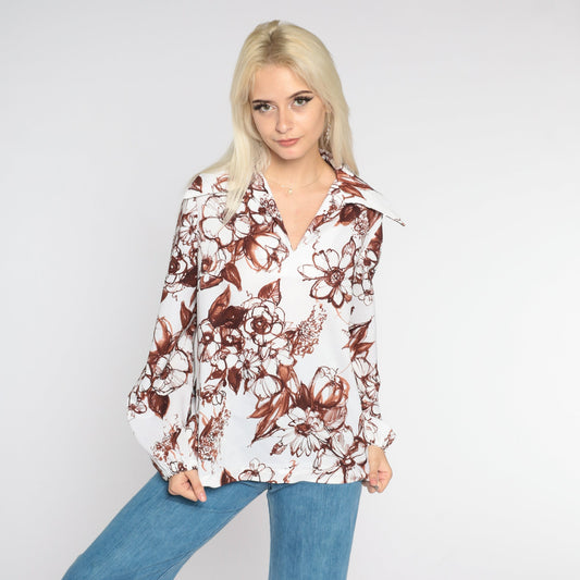 70s Floral Dagger Collar Blouse White Brown Flower Print V-Neck Medium