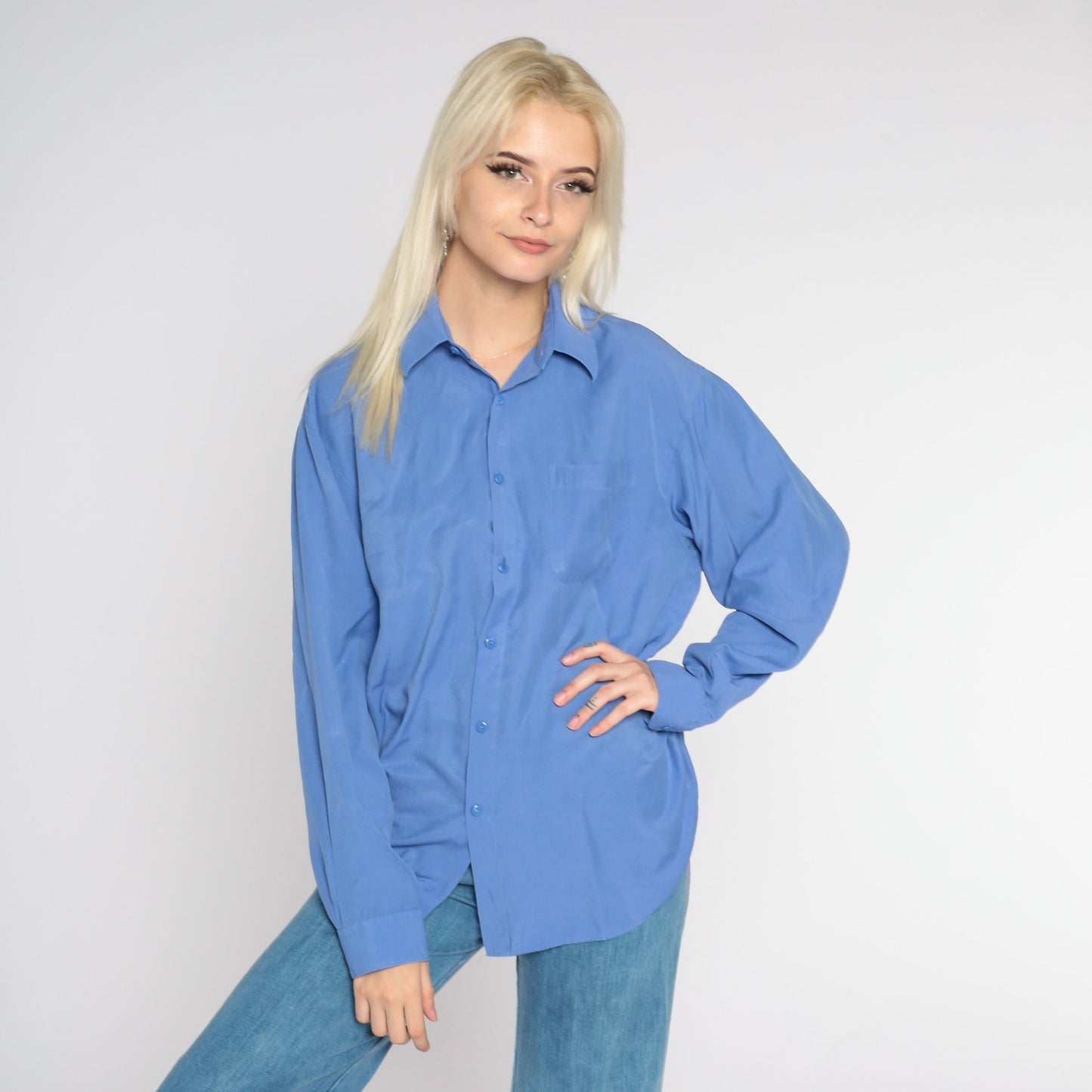 Y2K Blue Button-Up Shirt Long Sleeve Collared Oxford Extra Large